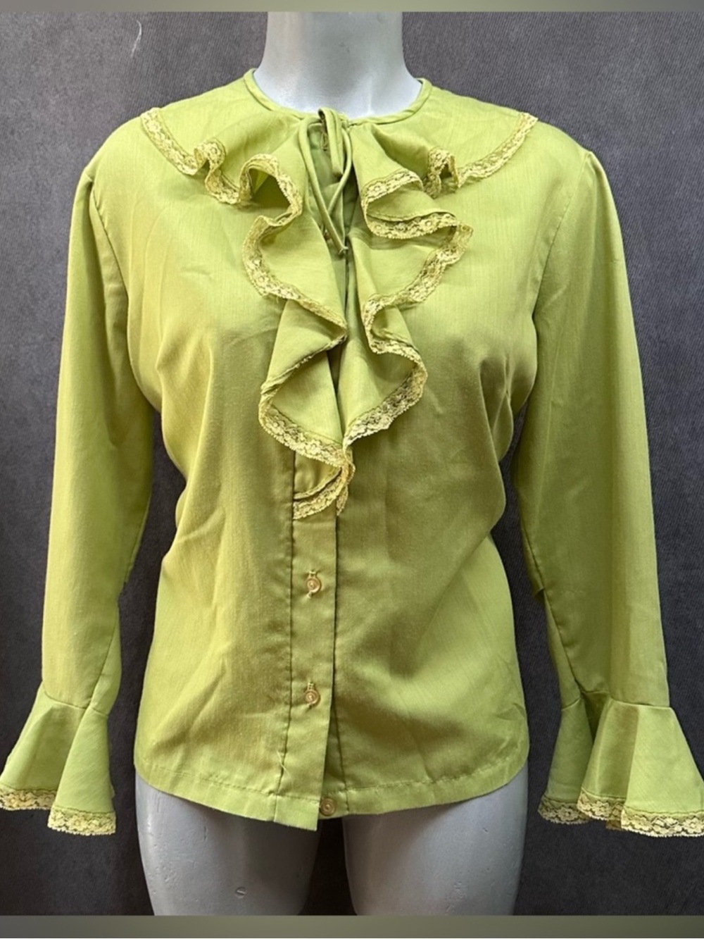 Vintage Ruffled jabot Blouse Top Green MODE O'DAY Women’s